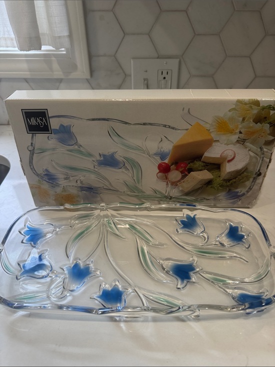 Mikasa Other - Mikasa Vintage Clear Glass Serving Platter with Blue Floral Accents